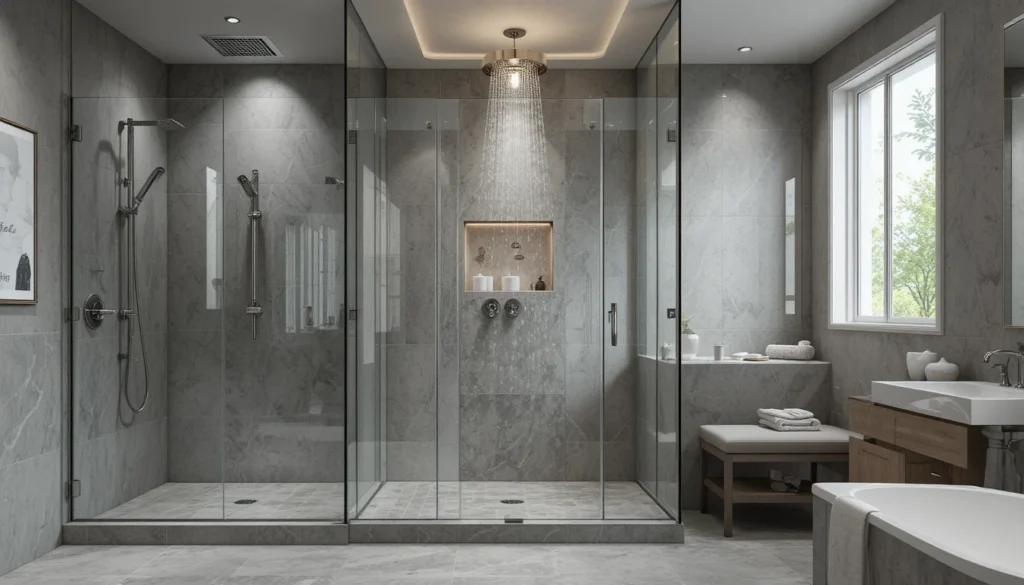 Luxury Bathroom & Shower Design Ideas 3 Walk-in shower with glass enclosure and rainfall showerhead in a modern luxury bathroom.
