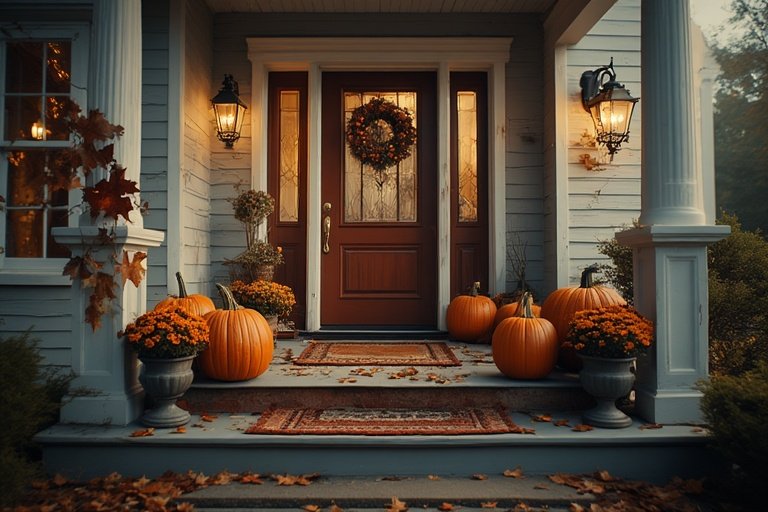 Cozy Halloween Porch with Ghost Lanterns and Pumpkins 2 A welcoming entryway with pumpkins decorating the steps and autumn accents.