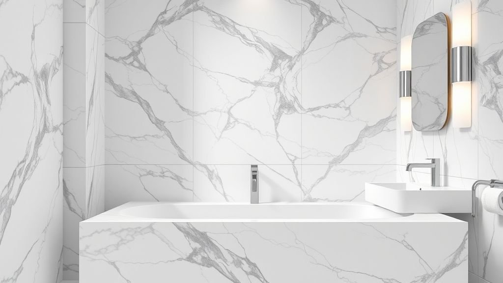 Luxury Bathroom Design with Marble Elegance 2 Marble textures highlighting elegance and luxury in bathroom interiors.