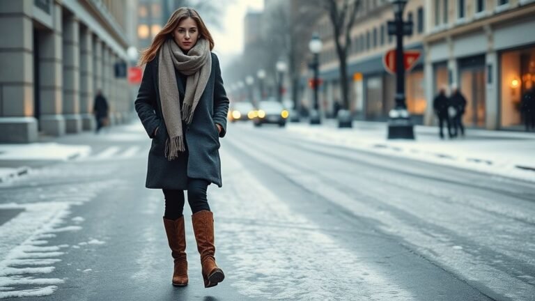 Stylish woman wearing layered winter fashion outfits in a snowy city for 2025.