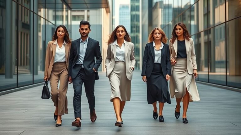 A group of young professionals wearing stylish business casual outfits, including blazers, trousers, and skirts, walking through a modern city street under warm natural light.