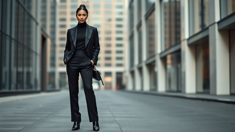Full-body image of a woman wearing an elegant all-black outfit — blazer, turtleneck, trousers, and boots — posing on a modern city street in minimalist fashion style.