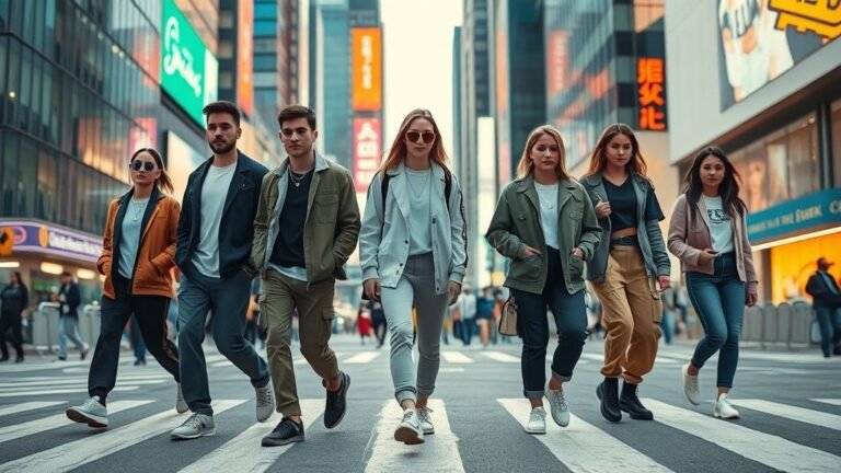 A group of trendsetters in futuristic 2025 streetwear walking through a city crosswalk, wearing layered techwear and bold accessories under neon lights.