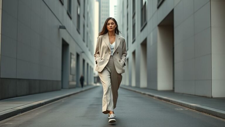 Confident woman in oversized beige blazer and relaxed trousers walking through a modern city, symbolizing 2025’s redefined urban street style.