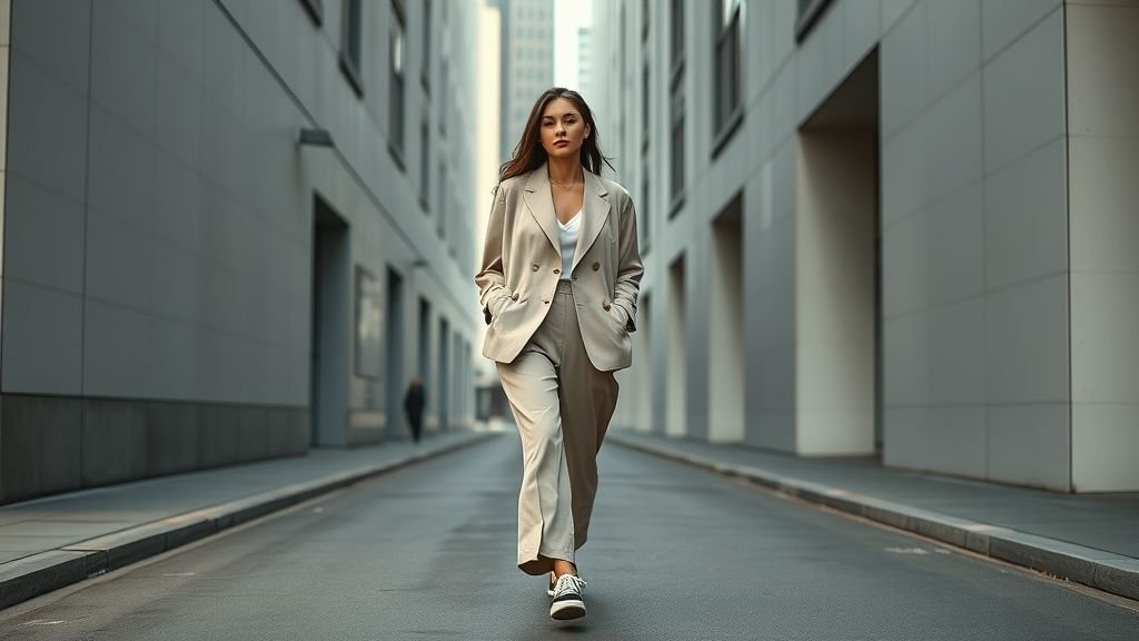 Confident woman in oversized beige blazer and relaxed trousers walking through a modern city, symbolizing 2025’s redefined urban street style.