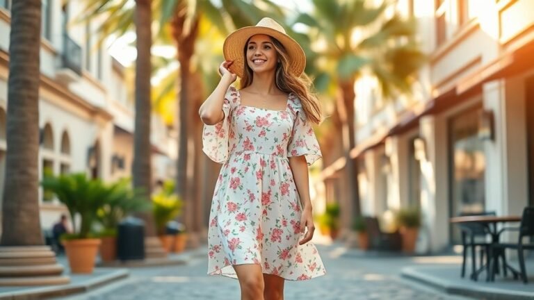 Hyper-realistic image of a woman in a floral sundress, sneakers, and straw hat on a sunny street with summer vibes