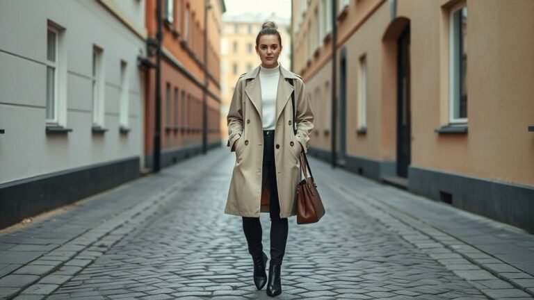 Full-body image of a stylish Scandinavian woman in a beige trench coat and black trousers, showcasing elegant minimalist Stockholm street style.