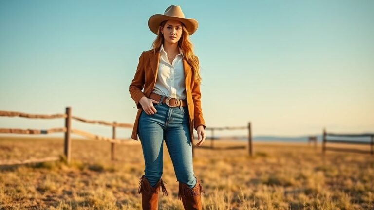 Full-body image of a woman in a stylish cowgirl outfit — suede fringe jacket, denim jeans, cowboy boots, and hat — standing in a sunlit open field.