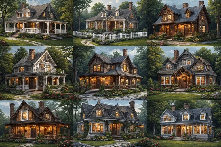 Architectural visualization showing a hyper-realistic portfolio of 20 unique cottage exteriors in a 16:9 view, featuring a variety of styles, porches, gardens, and settings, including stone, timber, seaside, and log cabins.