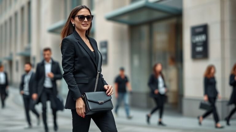 Street-style photo of a woman in a sleek all-black outfit with a tailored blazer, slim trousers, ankle boots, and a leather bag, styled with minimal elegance