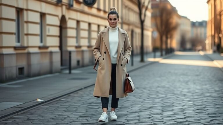 A stylish woman stands on a Stockholm street wearing a beige coat, white turtleneck, and black trousers — a full-body look capturing modern Scandinavian minimalism.