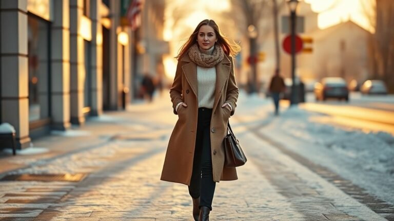 Fashionable woman in a beige wool coat walking through snowy streets, showcasing chic and cozy winter style for 2025.