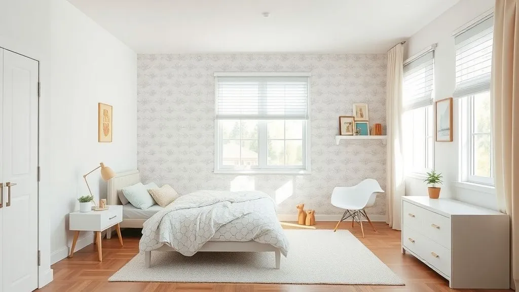 Kids’ room with colorful accent wall and modern decor.