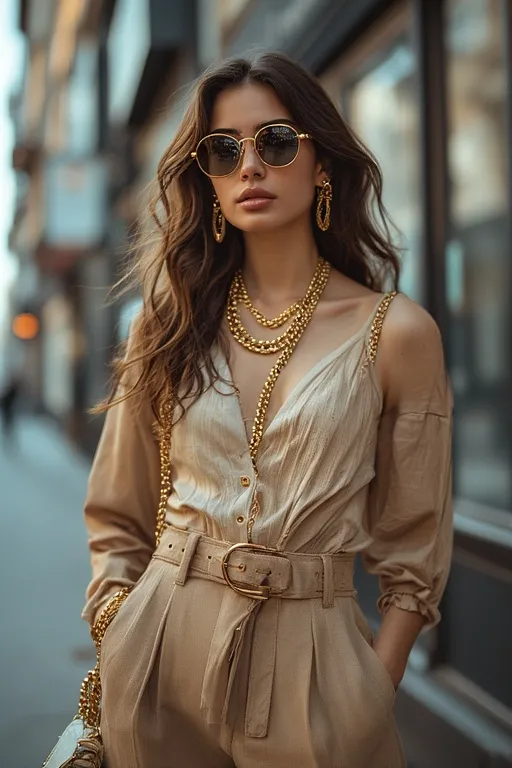 10+Chic Street Style Outfits Ideas 8 Street fashion accessories including chunky gold jewelry and trendy crossbody bag.