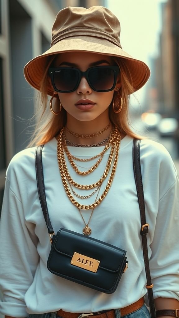Street Style Looks: Trendy Outfit Ideas for Everyday Fashion 11 Street style outfit elevated with oversized sunglasses, gold chains, crossbody bag, and bucket hat