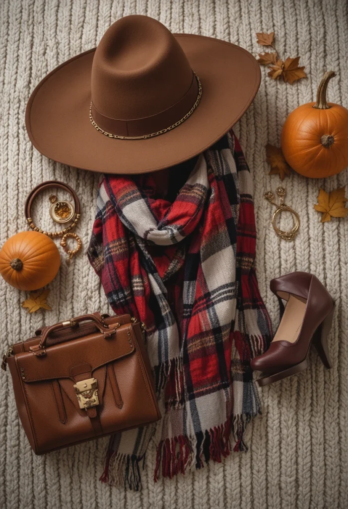 Fall Outfits Ideas For Cool Weather Style 9 Fall accessories flat lay featuring hat, scarf, and gold jewelry for chic autumn style.