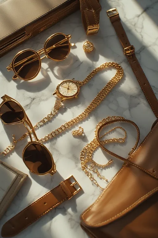 Elegant flat-lay of modern office accessories including gold jewelry, tote bag, and wristwatch for a confident style.