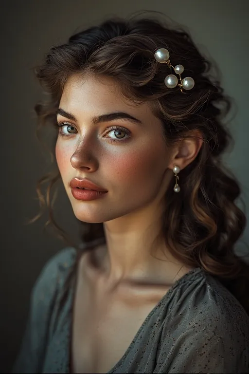 Everyday hairstyle accessorized with pearl clips and gold hairpins.