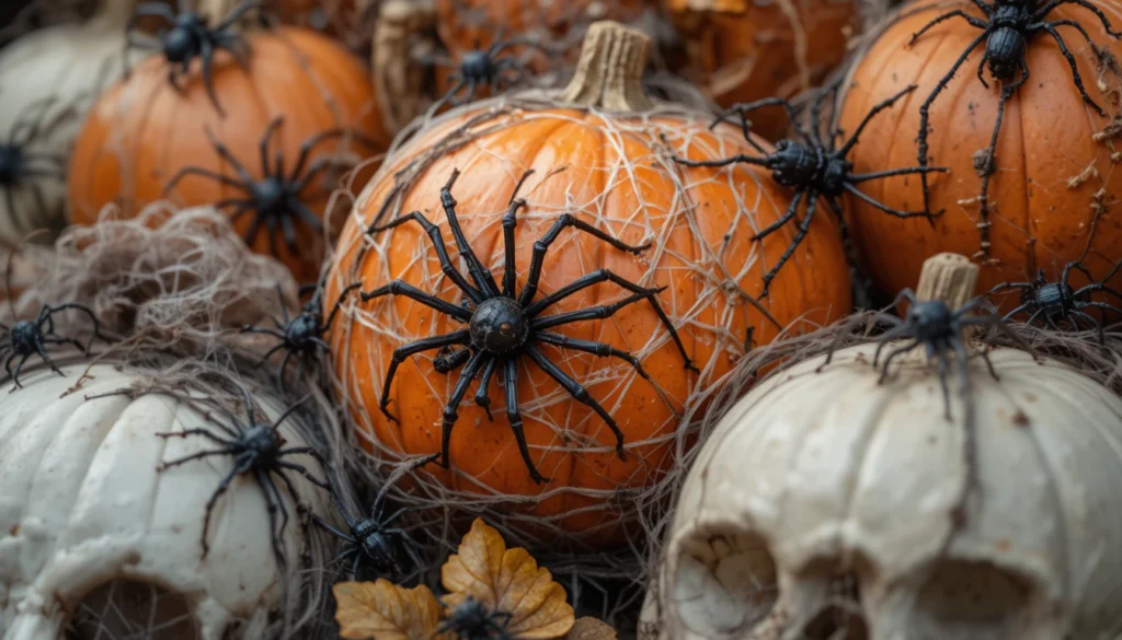 Halloween Porch & Outdoor Decorations 6 Halloween decorations with spiders, webs, and insects on pumpkins and props.