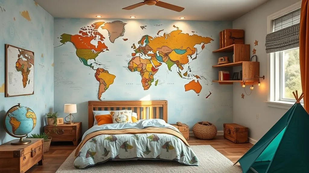 Adventure-themed kids room with world map wall, explorer bedding, and travel décor.