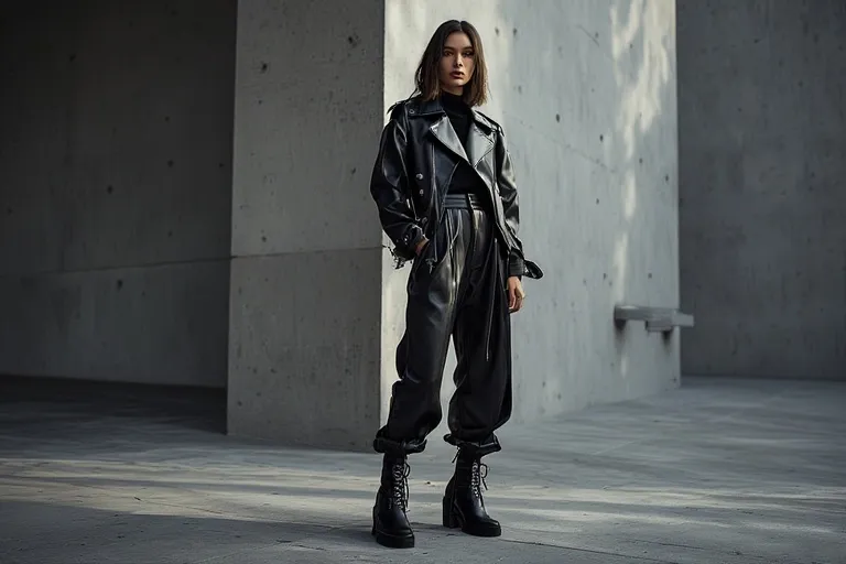 Chic all-black aesthetic outfit featuring a leather jacket, tailored pants, and boots — minimalist and modern street style look.