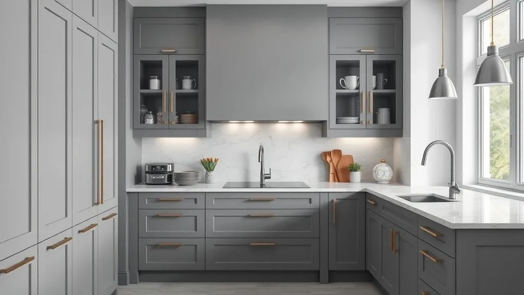 Kitchen Organization Ideas for a Clean and Functional Space 7 Grey kitchen with marble countertops and integrated pull-out storage organizers.