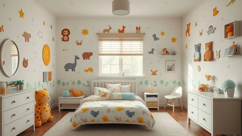 Animal-themed kids bedroom with wall decals, plush toys, and colorful bedding.