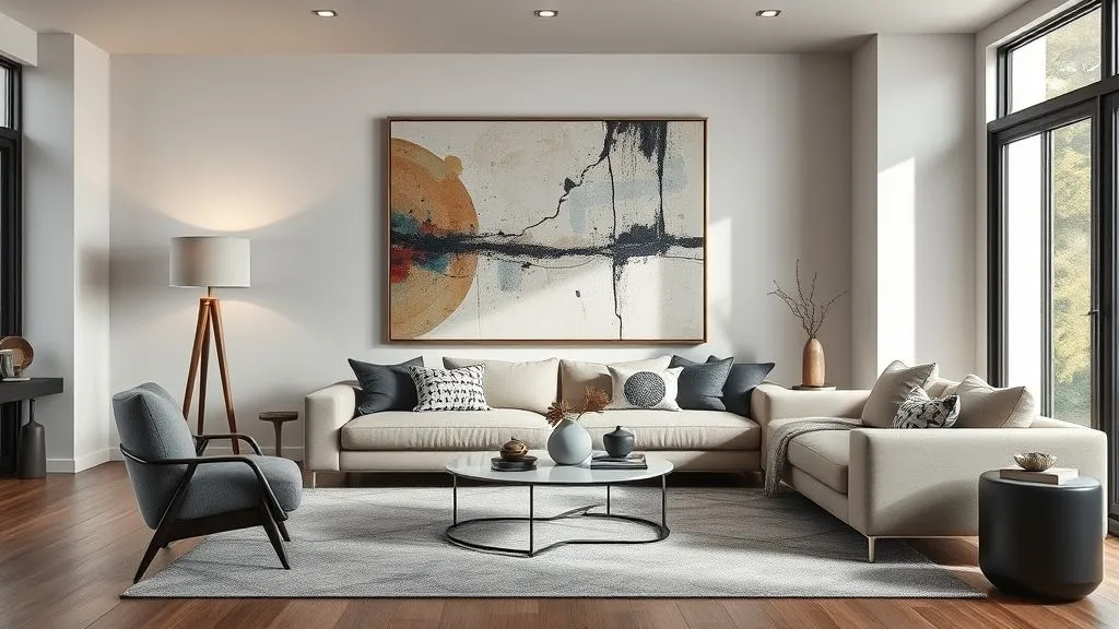 Modern Living Room Ideas for Every Style 7 Modern living room with abstract painting, geometric rug, sculptural lamp, and bold artistic décor accents.