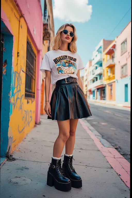 Fashionable baby tee with slogan print styled with a leather skirt for a playful 2000s-inspired outfit.