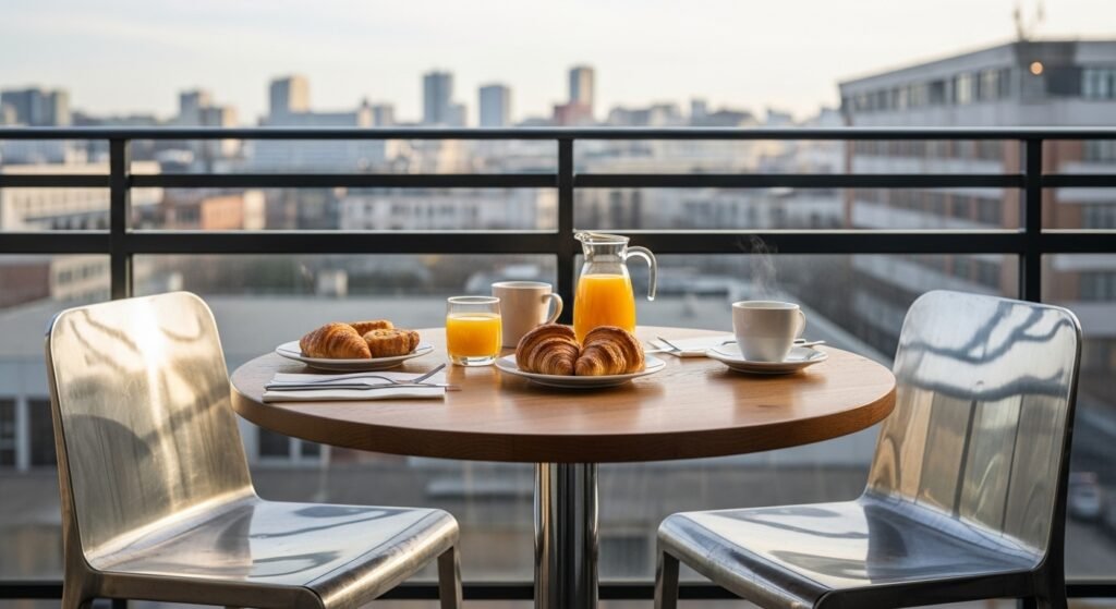 16 Stylish Balcony Ideas to Elevate Your Home Design 11 Balcony with small dining table set for breakfast with coffee and croissants.