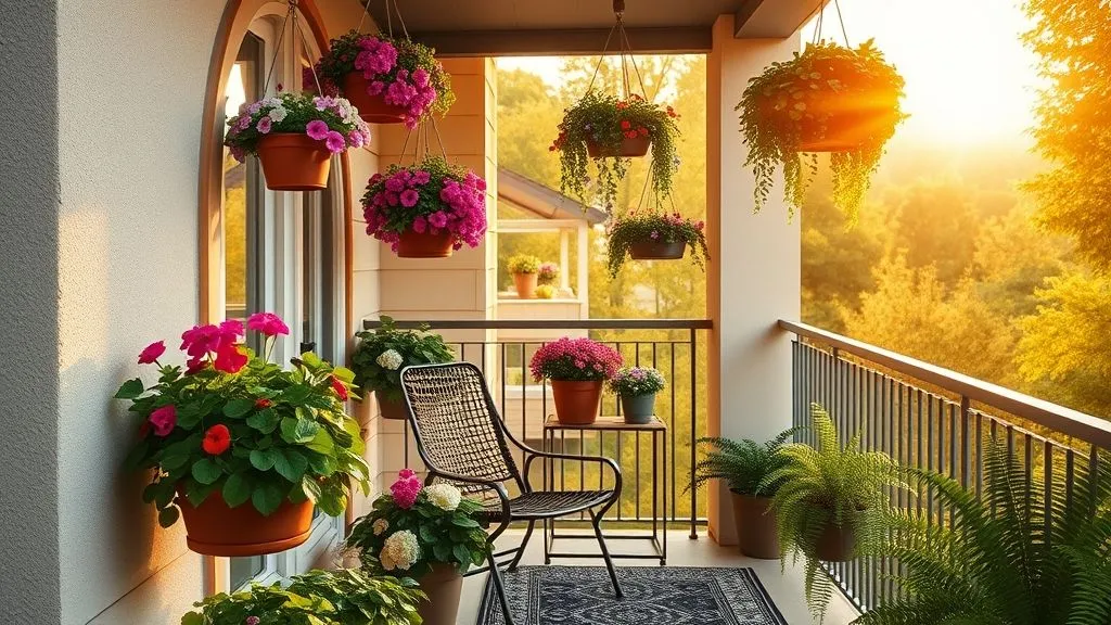 Beautiful balcony garden with hanging planters and cozy seating area.