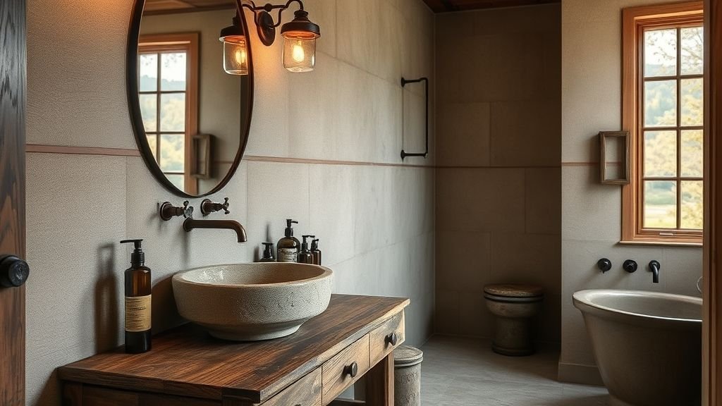 Rustic Cabin Interiors: The Ultimate Guide to Cozy and Natural Home Decor 8 Rustic bathroom featuring stone sink, wooden vanity, and copper fixtures.