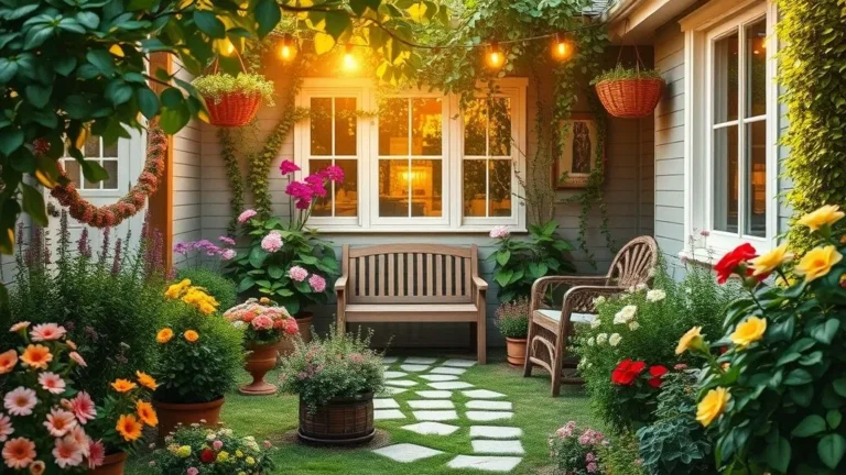 Beautiful small home garden with colorful flowers, potted plants, and cozy seating under warm sunlight.