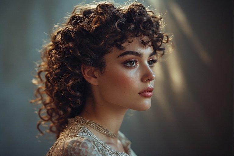 woman with Beautiful braided and curly hairstyles showcasing natural texture and elegant braided crown.
