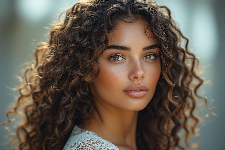 Woman with beautiful braided curly hairstyle featuring soft curls and elegant braids.