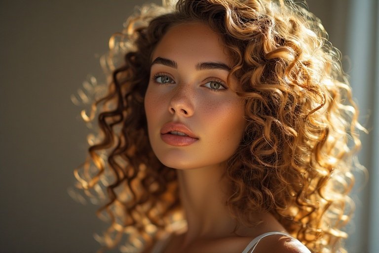Woman with gorgeous curly hair showing voluminous, shiny curls in natural light.