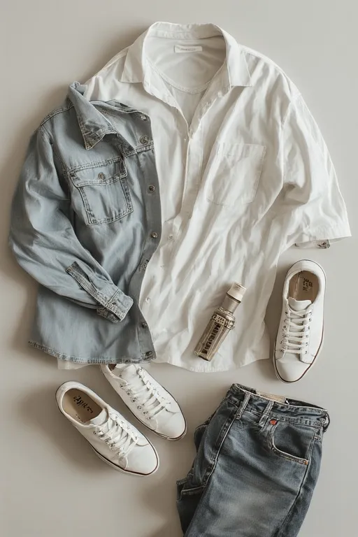 White Lie Ideas Funny Party Shirt Trend 9 Flat lay outfit featuring a white lie shirt styled with jeans and sneakers, showing a trendy casual fashion combination.