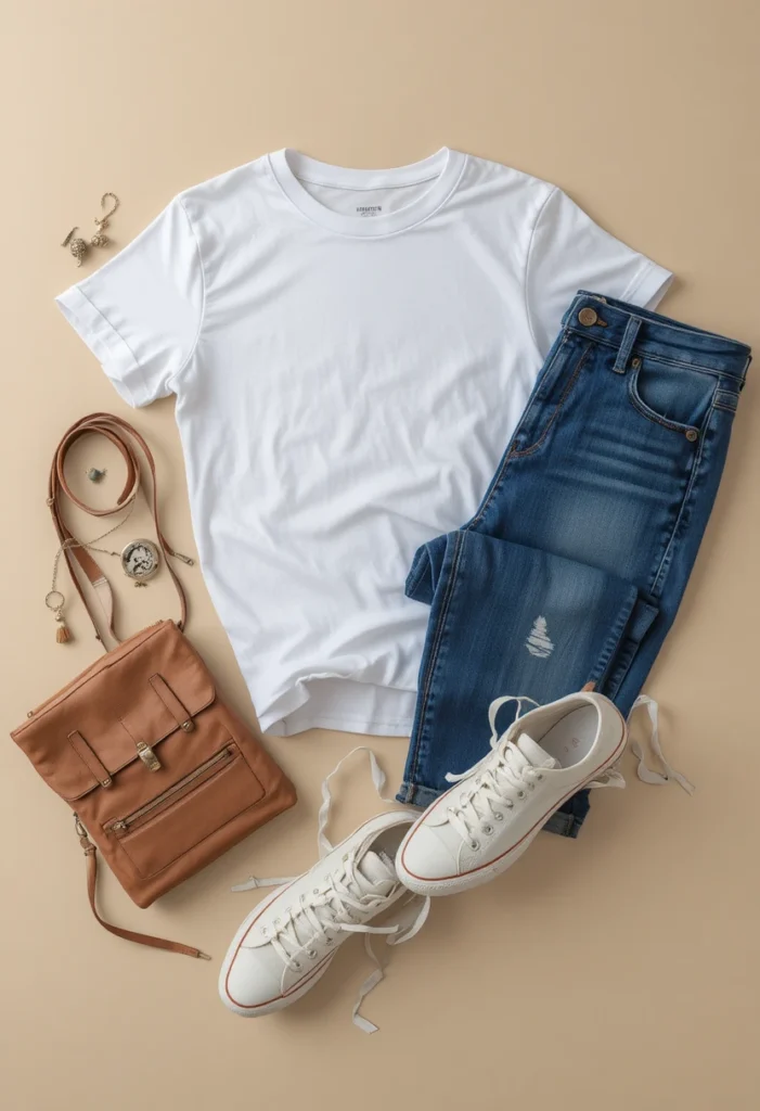 White Lie Ideas Funny Party Shirt Trends 9 Flat lay of a white lie shirt styled with jeans, sneakers, and neutral accessories for a trendy outfit idea.