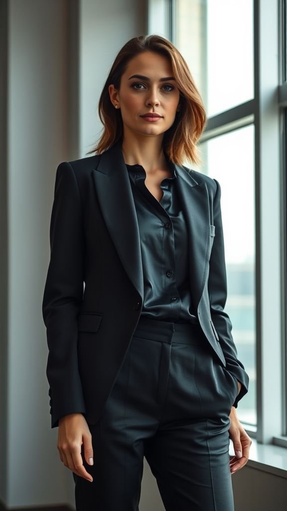 All Black Outfit: Timeless Sophistication in Every Style 3 Professional woman in black blazer and tailored pants standing by a window, symbolizing timeless monochrome elegance.