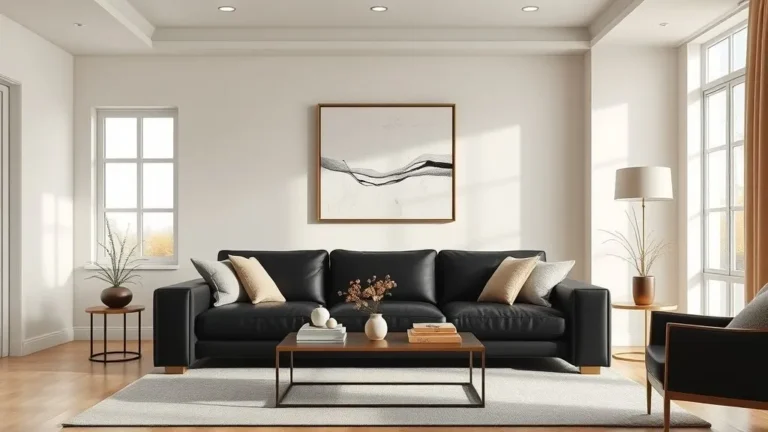 Modern stylish living room with black couch, neutral tones, and elegant décor for a chic contemporary home design.