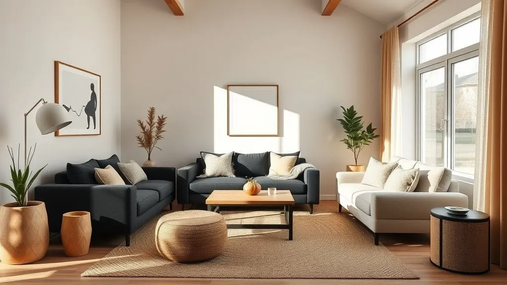 Black Couch Living Room Decor Ideas for a Stylish and Modern Home 9 Modern living room with black couch, beige décor, and wooden furniture in natural lighting.