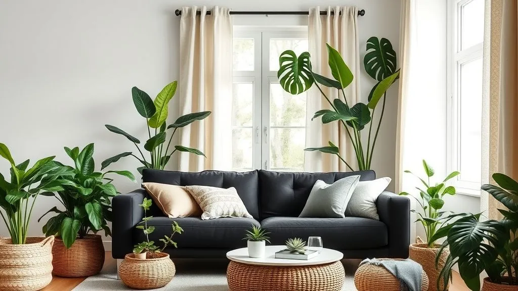 Black Couch Living Room Decor Ideas for a Stylish and Modern Home 15 Living room with black couch and abundant greenery for a fresh, modern feel.