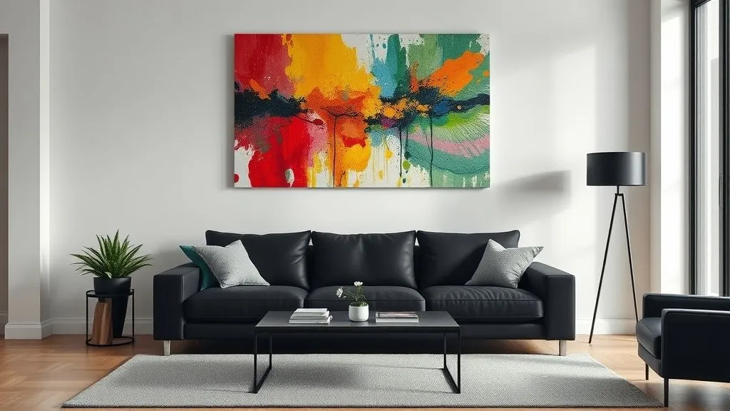 Black Couch Living Room Decor Ideas for a Stylish and Modern Home 14 Modern living room with black couch and large abstract statement artwork above.