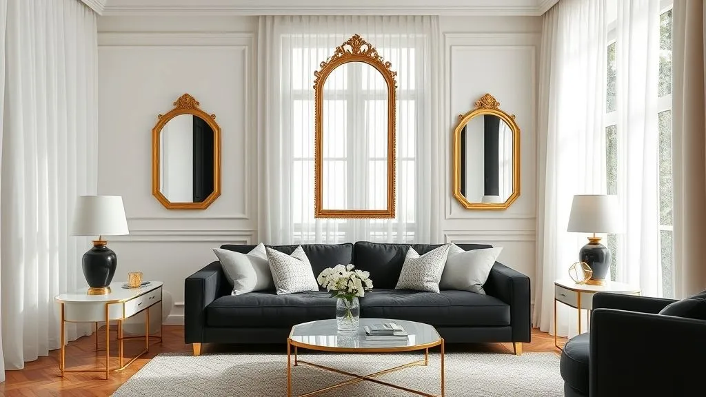Black Couch Living Room Decor Ideas for a Stylish and Modern Home 4 Chic living room with black sofa, gold décor accents, and white furnishings in bright natural lighting.