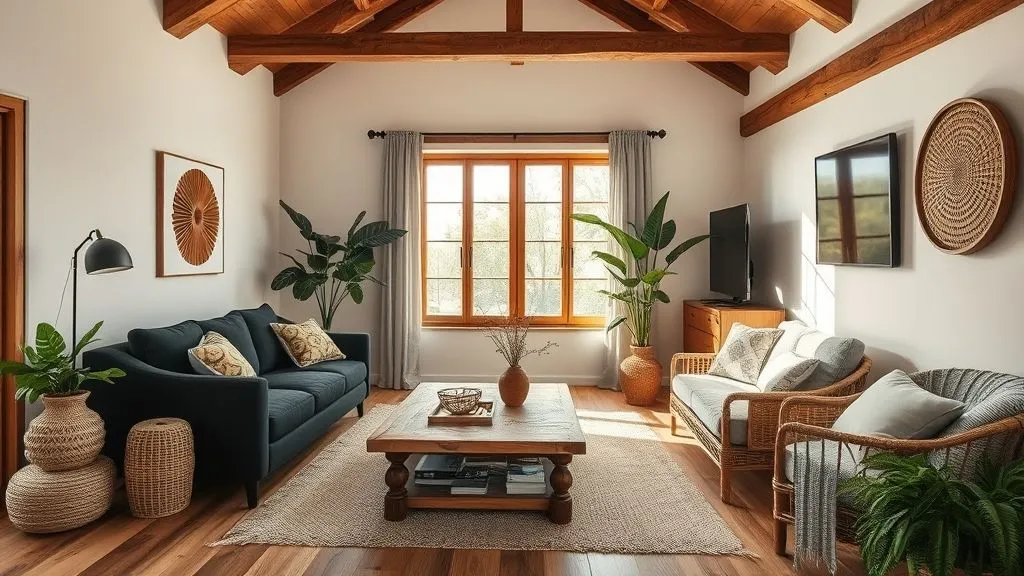 Black Couch Living Room Decor Ideas for a Stylish and Modern Home 12 Modern rustic living room with black sofa, wooden accents, and natural warm tones.