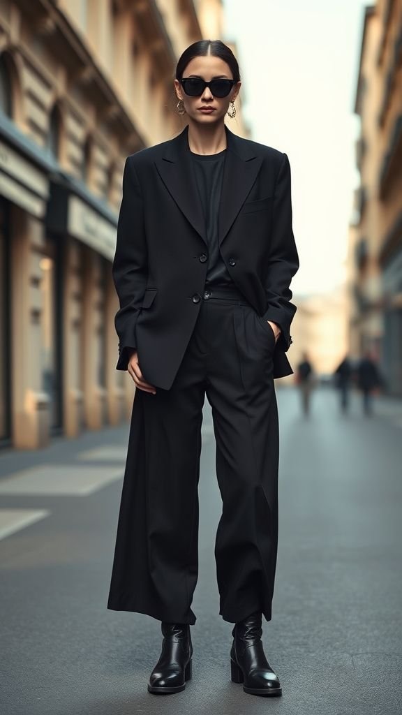 Elegant All Black Outfit Trends 4 Street style all-black outfit with oversized blazer, wide-leg pants, and sunglasses