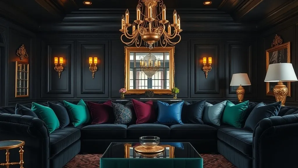 Black Couch Living Room Decor Ideas for a Stylish and Modern Home 11 Luxurious living room with black velvet sofa, jewel-tone accents, and gold décor details.
