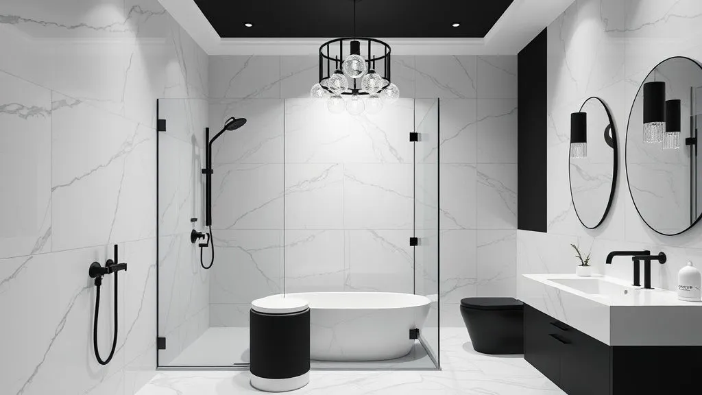 Master Bathrooms with Walk-In Showers 11 Elegant black and white bathroom with glass walk-in shower and marble finishes.