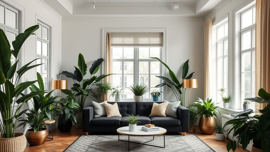 Black couch surrounded by lush indoor plants for a refreshing look.