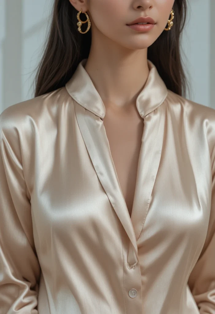 10+Office Siren Outfit Ideas 5 Woman wearing a satin champagne blouse with gold jewelry, blending elegance and allure in office fashion.